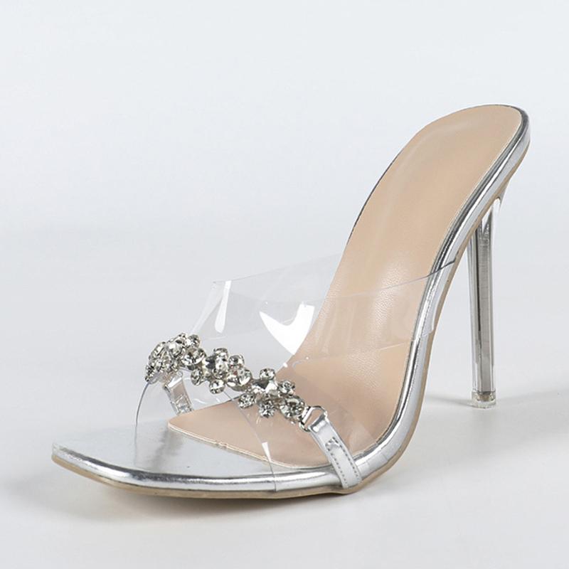

Fashion Liyke PVC Transparent Slippers Women Street Sexy Square Toe Crystal Rhinestone High Heels Clear Sandals Summer Party Prom Shoes 35 серебряный
