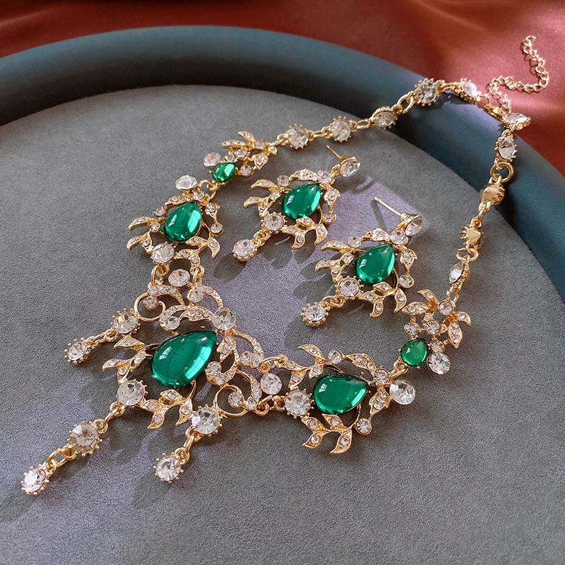 Rhinestone Leaf Drop Pendant Necklace Earring Temperament Vintage Jewelry Sets for Women