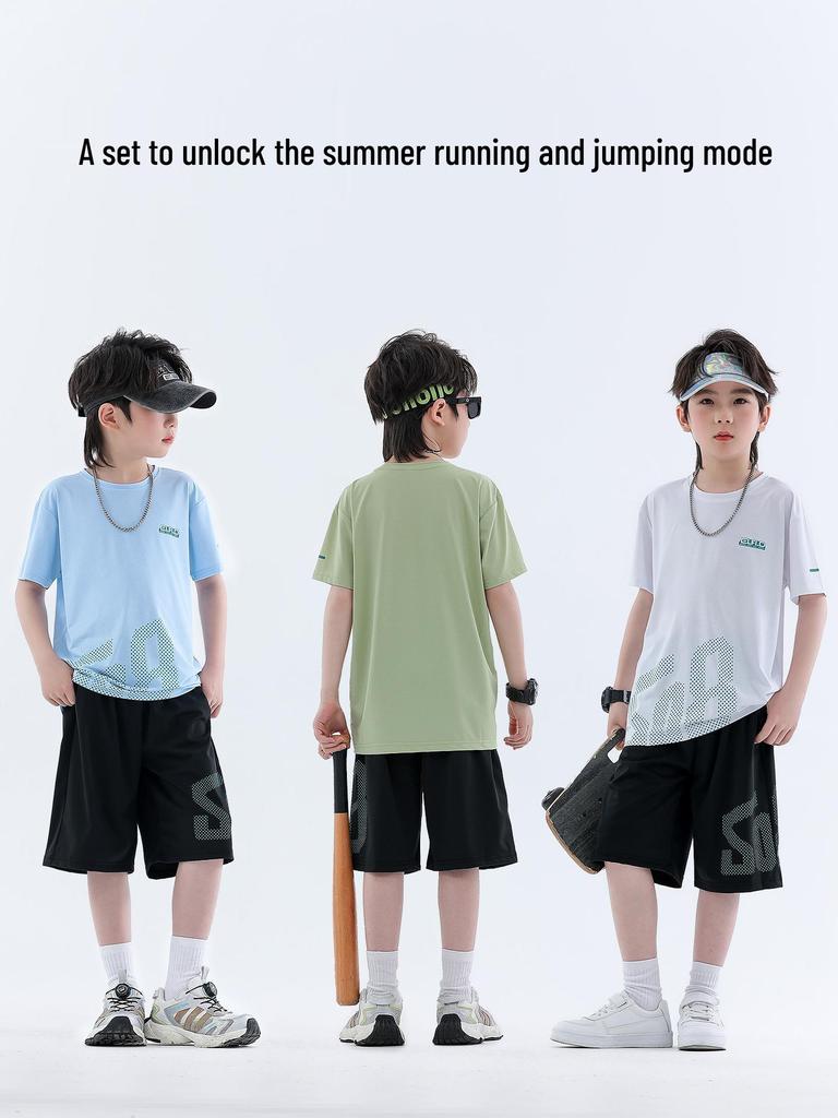 Boys' Ice Silk Summer 2026 Two-Piece Set: Short Sleeve T-shirt & Shorts for Middle and Older Children - Thin Style Sportswear.