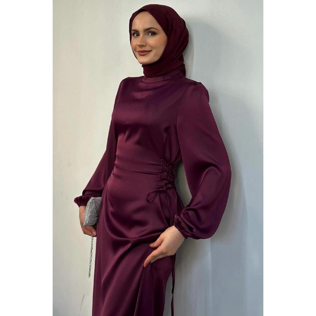 Elenor Waist Tied Satin Hijab Dress Red