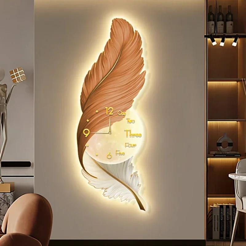 Wall Clock Large Luxury Art Clocks Decor Picture Silent Living Room Wall Feather Decoration Watch Renoj De Pare Home DecorP4M5U3