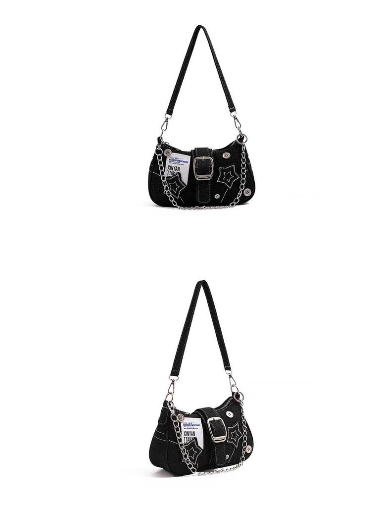 Hot Girl Denim Motorcycle-Style Shoulder Bag: Small, Versatile, Large Capacity Handbag for Women