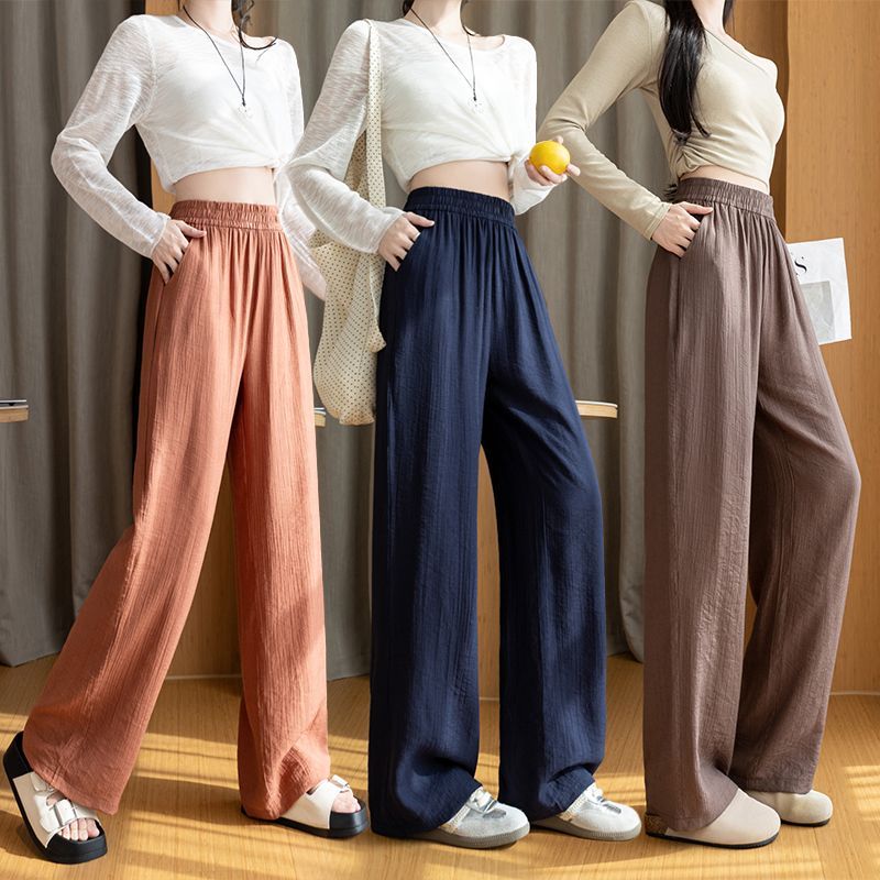 Women Elastic High Waist Linen Wide Leg Long Pants Loose Casual Floor Length Trousers with Pockets Summer Daily Vacation Soft Pants
