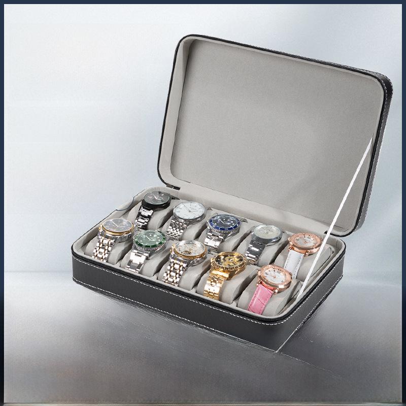 Portable PU Leather Zipper Storage Box for Watches and Jewelry, 6, 10, and 12-Digit Options