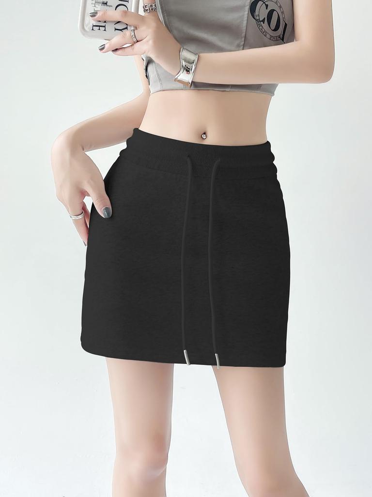 Syvent 12F018 Black Summer Sweat Skirt with Elastic Solid Mini Tight Available in 6 Colors Waist, Cotton, Skirt,