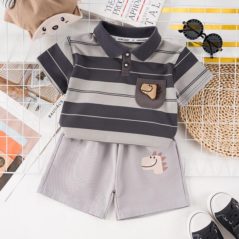 Cartoon Dinosaur Embroidery Children's Polo Set Boys' Striped Casual Breathable Two-piece Set