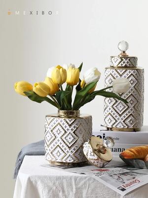Ceramic Crystal Decorative Jar Checkmate Can Geometric Golden Relief Jars Storage Tank Vase Storage Container Home Decoration