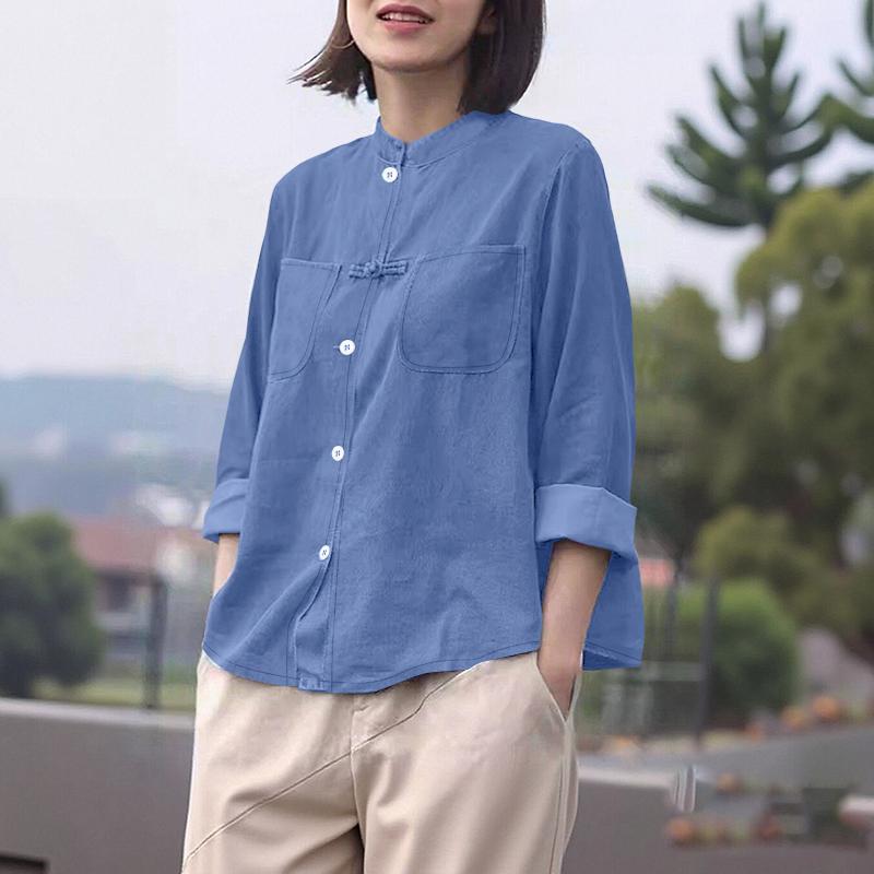 

ZANZEA Женская повседневная блузка с круглым вырезом, однотонная, свободного кроя, с длинным рукавом 5XL синий