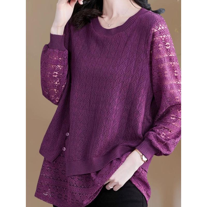 

2025 Spring New Chinese Style Loose Lace Patchwork Knitwear - Light Luxury High-End Top 3XL фиолетовый