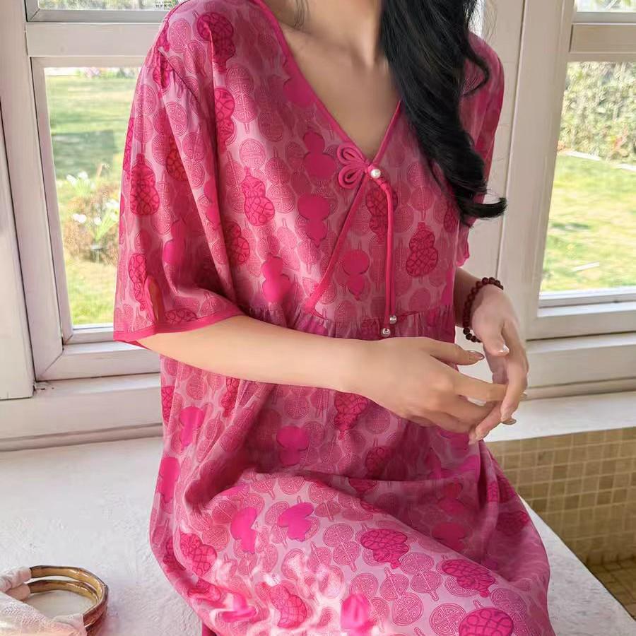 2026 Women's Lyocell Cotton Nightgown - Summer Short Sleeve, Outdoor & Homewear, New Chinese Style, Plus Size