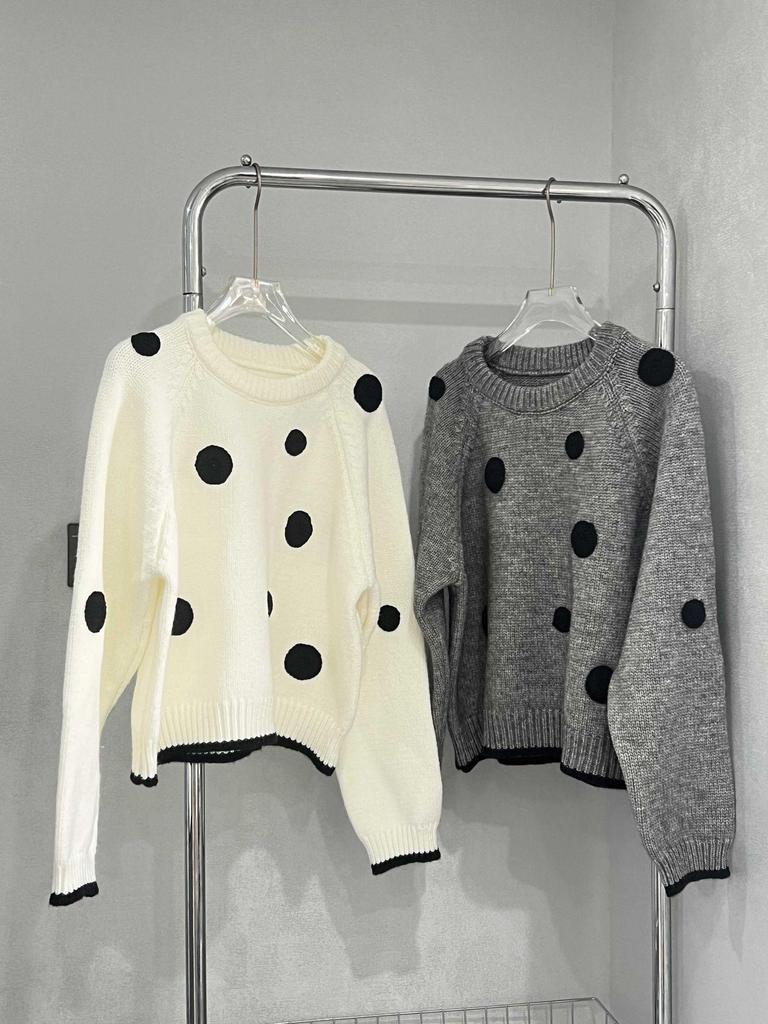 Women's Retro Polka Dot Fluffy Knit Sweater with Stand-Up Collar - Slimming Autumn/Winter Top