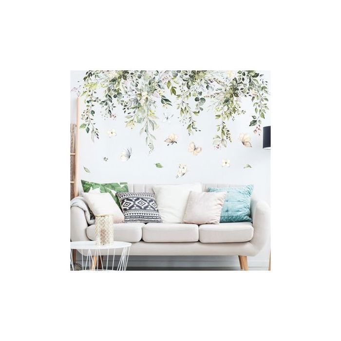 Autocollant mural - AIMOONSA - Vigne suspendue - Feuilles vertes - Papillons et fleurs - Auto-adhésif réutilisable