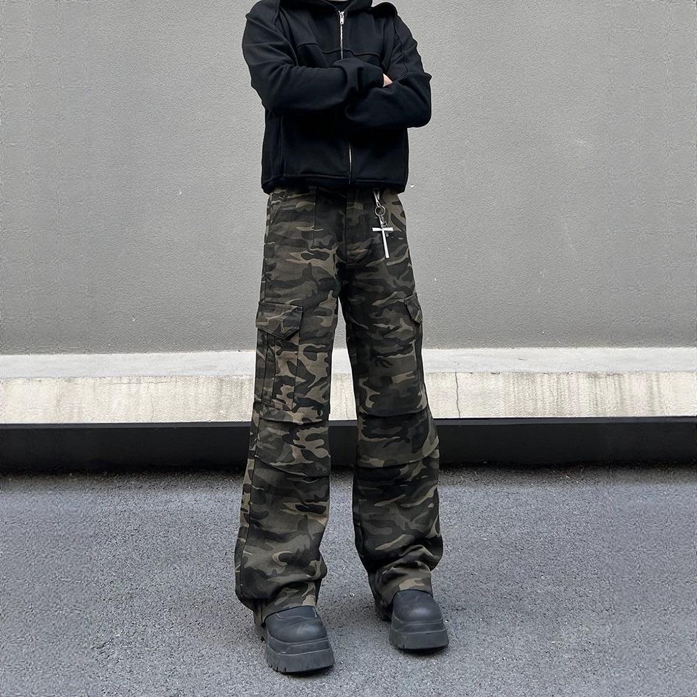 American Retro Pleated Multi-pocket Camouflage Overalls Men's Design Sense Thin Straight Micro-horn Jeans