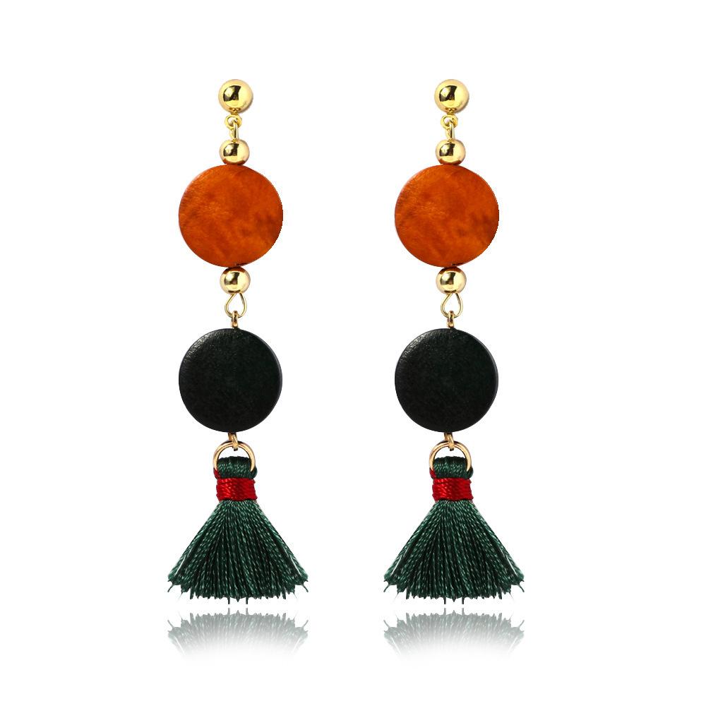 Chic Wooden Bead Tassel Earrings Ethnic Design Silk Thread Women For