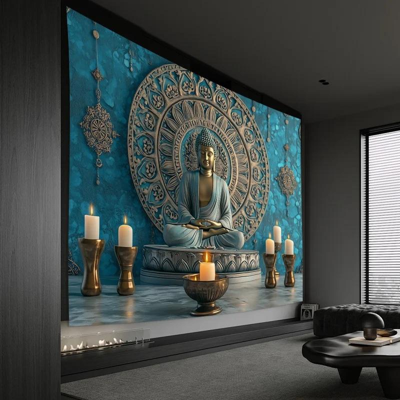 VIKAMA Meditations-Buddha Wandbehang, Vintage Blaue Buddha-Statue Mandala Wandteppich, Leichte Spirituelle Innenwanddekoration2