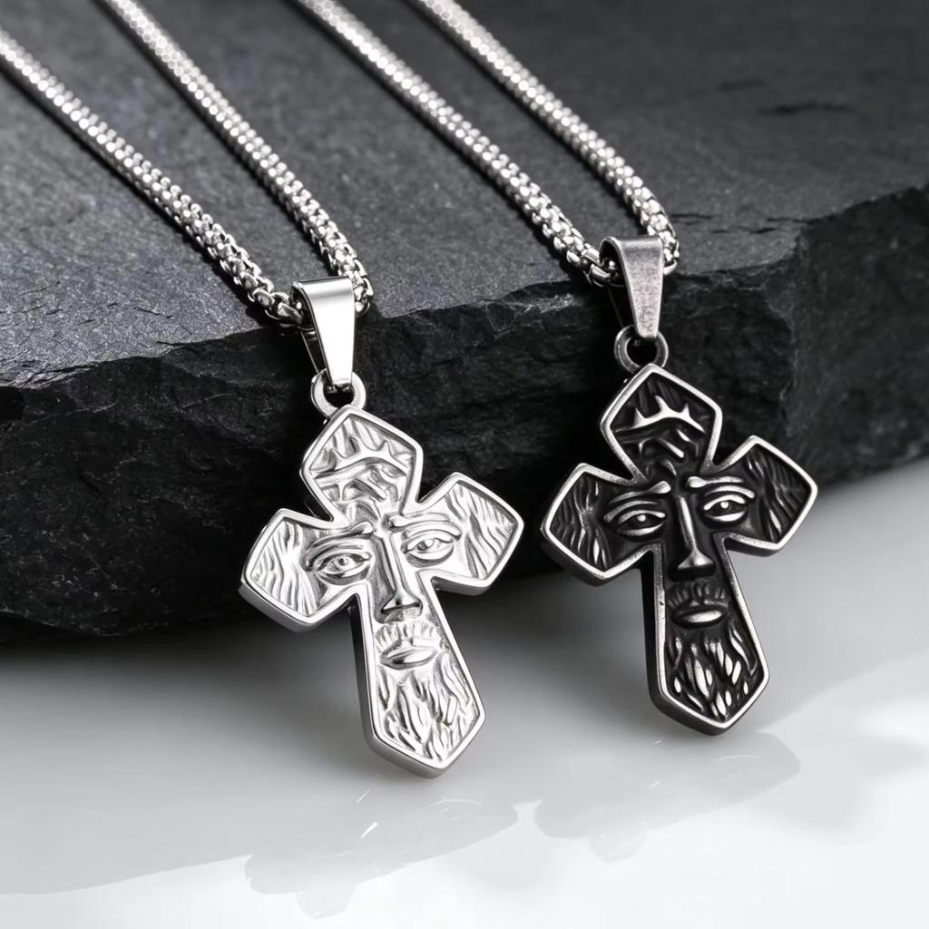 Jesus Face Cross Necklace for Men,Stainless Steel Christian Religious Pendant with Box Chain,Vintage Faith Hip‑Hop Jewelry Gift