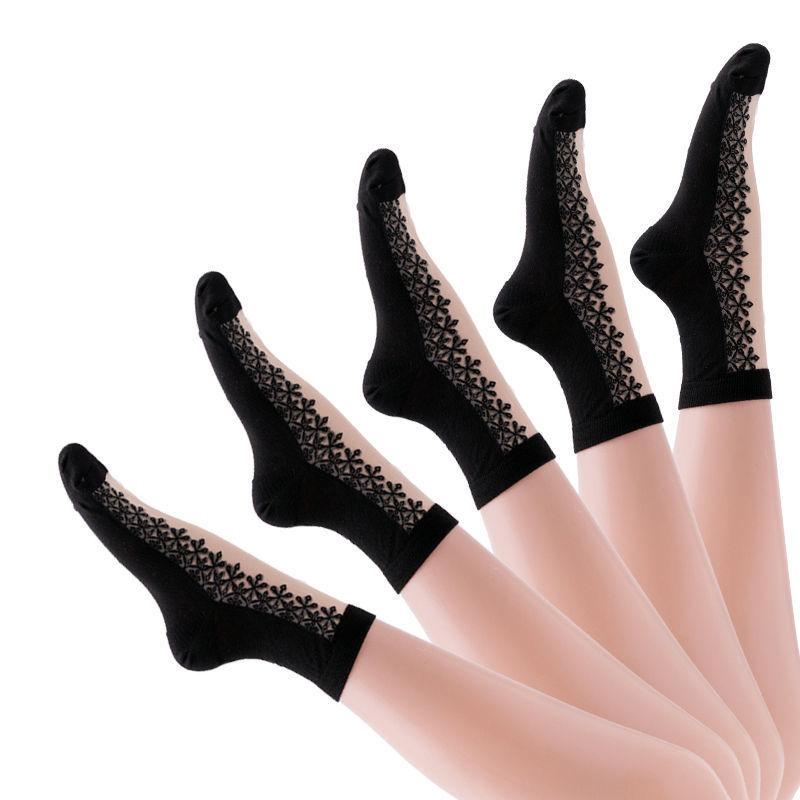 5 Paar Seidenstrümpfe Damen Mittelsohle Kühl im Sommer Schweißabsorbierend Atmungsaktiv Kristallglas Neues Stickdesign 5 pairs beige