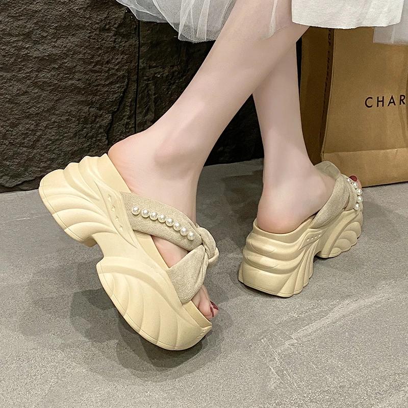 9CM NEW Heels Wedge Slides Sandals Women Casual Outdoor Slippers Female Summer Non Slip Beach Slipper Walking Chunky Shoes Woman