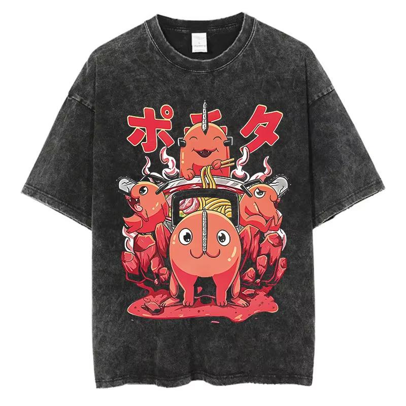 Kettensägen-Anime Vintage gewaschenes Baumwoll-T-Shirt Herren Damen Harajuku Übergroßes Kurzarm-Tee Streetwear Unisex Top