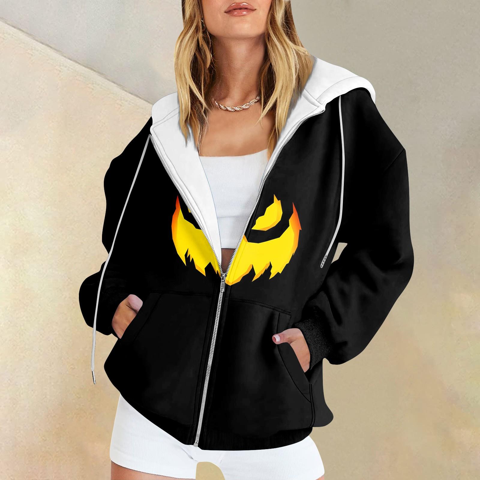 

Женская мода повседневная толстовка с принтом на Хэллоуин осень-зима с длинным рукавом кардиган с карманами на молнии куртка с капюшоном XL жёлтый