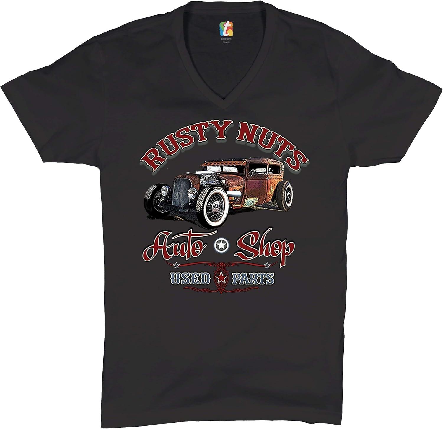 Rusty Nuts Auto Shop V-Neck T-Shirt Vintage Lowrider Rat Rod Men s Novelty S