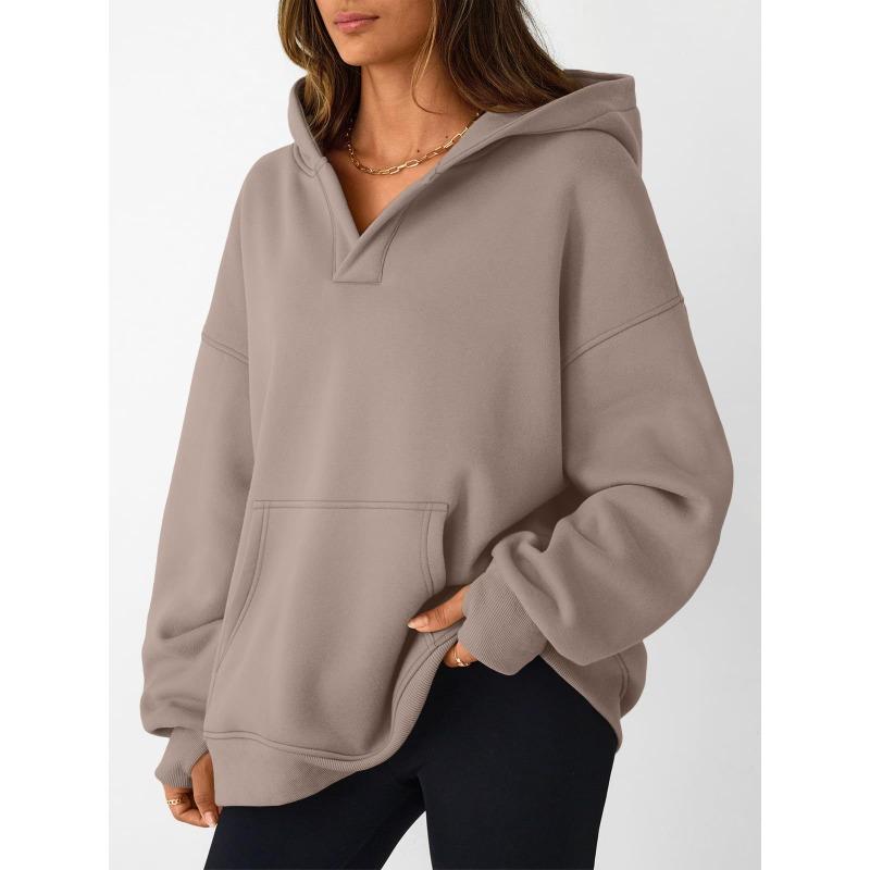 Autumn Winter Loose Casual Solid Color All-match Pullover Hoodies Women Pocket Hooded Sweatshirt Top