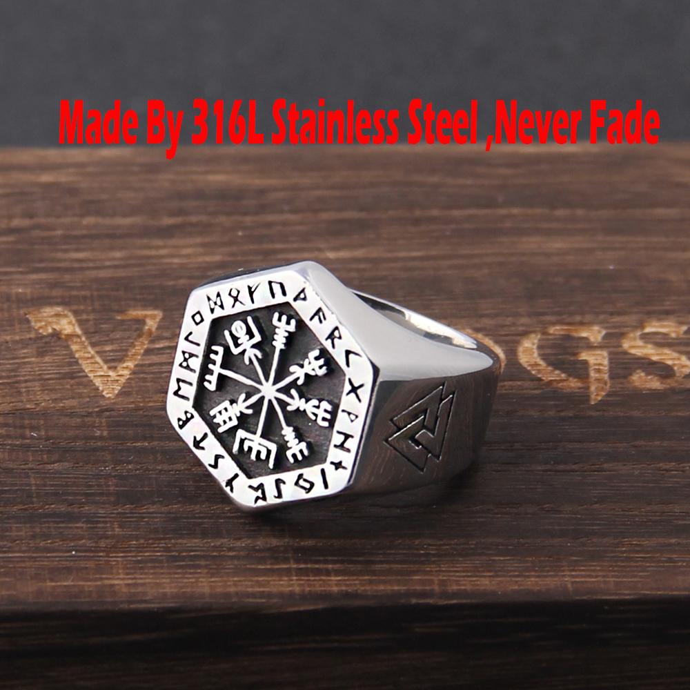Stainless Steel Viking Compass Runic Ring for Men Vintage Nordic Odin Jewelry Never Fade Viking Totem Statement Ring