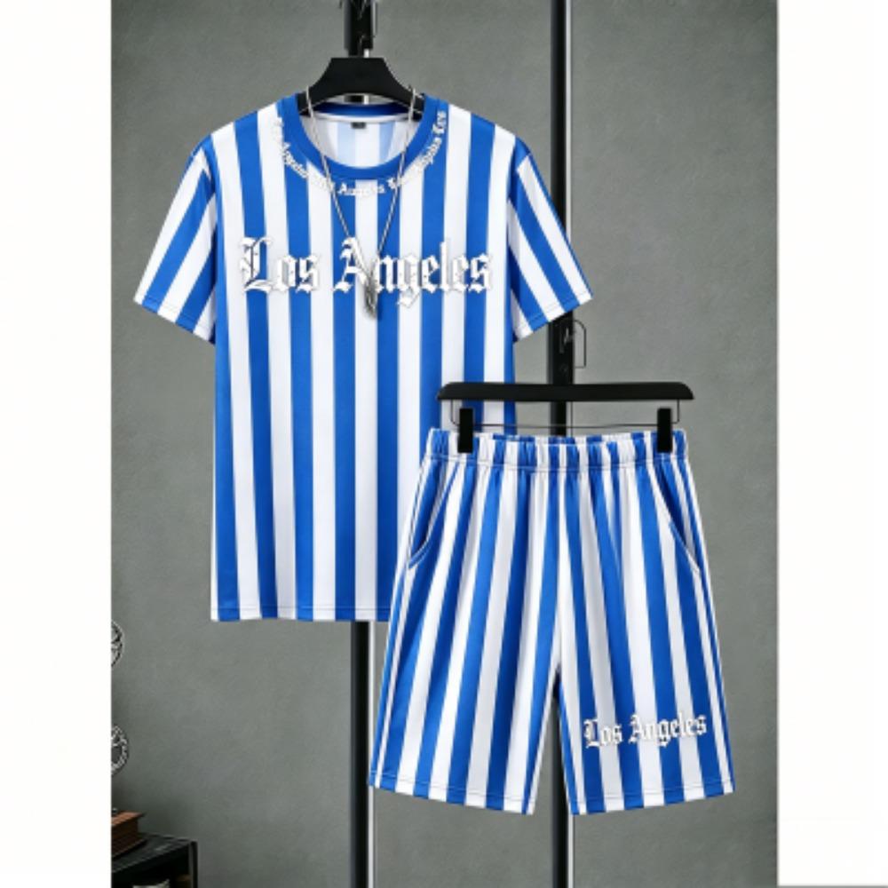 Fashion Men's Set Letter Stripe Printed Men's T-shirt and Shorts 2 Piece Set Summer Casual Outdoor Men's and Women's T-shirt Sets