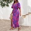 European and American large-size summer new temperament elegant V-neck printed medium and long dress