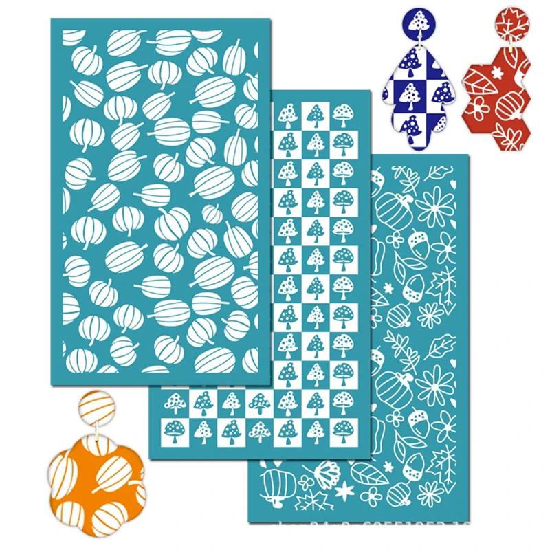 Reusable 3Pcs Silk Screen Stencils Mesh Transfer Printing Tools for Polymer Clay Earring Jewelry Making for DIY Painting Stencil