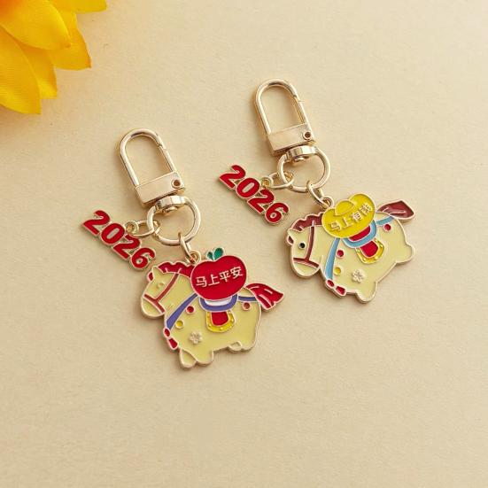 Schlüsselanhänger-Anhänger mit Metall-Federverschluss Buntes Emaille Jahr des Pferdes 2026 Schlüsselanhänger Segen Reich Friedlich Schlüsselring Neujahrsgeschenk