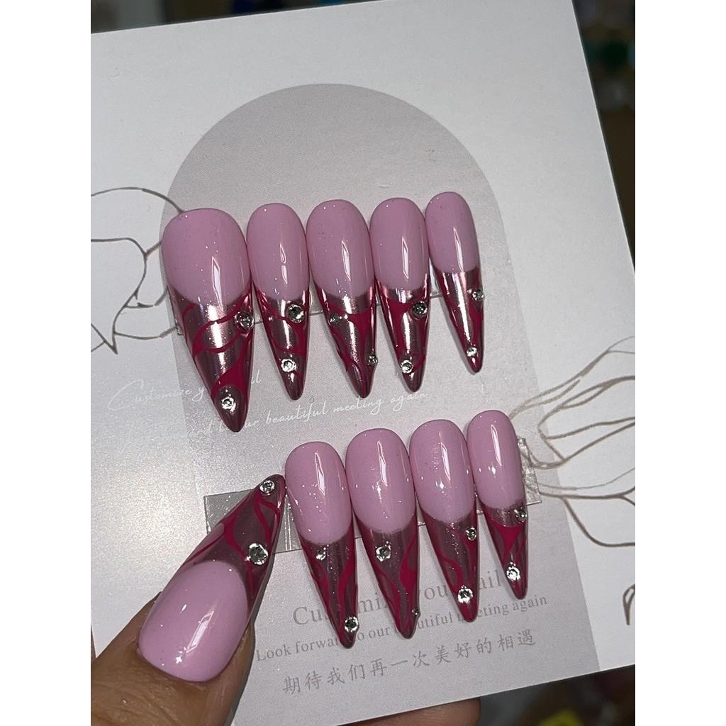 

Искусственные ногти ручной работы, розовые пламенные миндальные ногти для фототерапии, накладные ногти, многоразовые и съемные ногти L