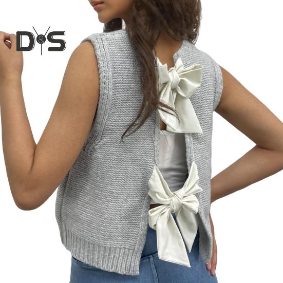 

Женский вязаный жилет с круглым вырезом, без рукавов, укороченный топ с бантом сзади, декорированный вырезом сзади, однотонный свитер серый