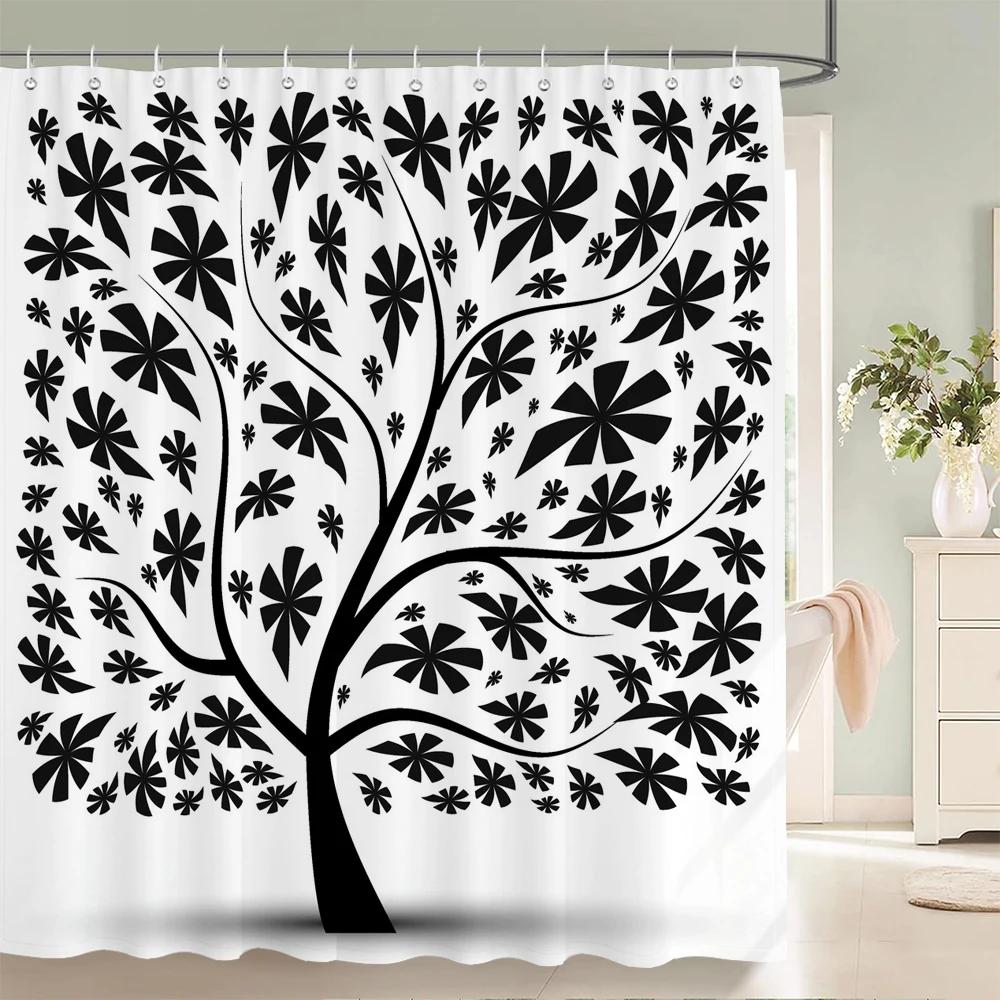 Black And White Printing Leaves Plant Shower Curtain, Simple Art Tree Texture Fabric Waterproof Bathroom Curthroom Decor Curtain