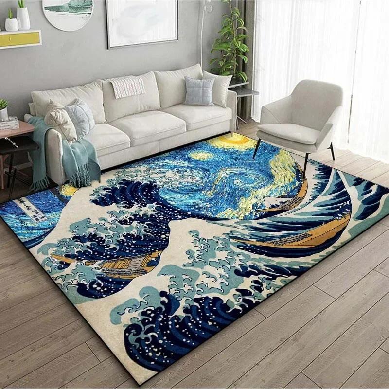 1PC Japanese Art Kanagawa Waves Carpet for Living Room Home Decor Large Area Rug Bedroom Floor Rug Non-slip Easy Washable Mat