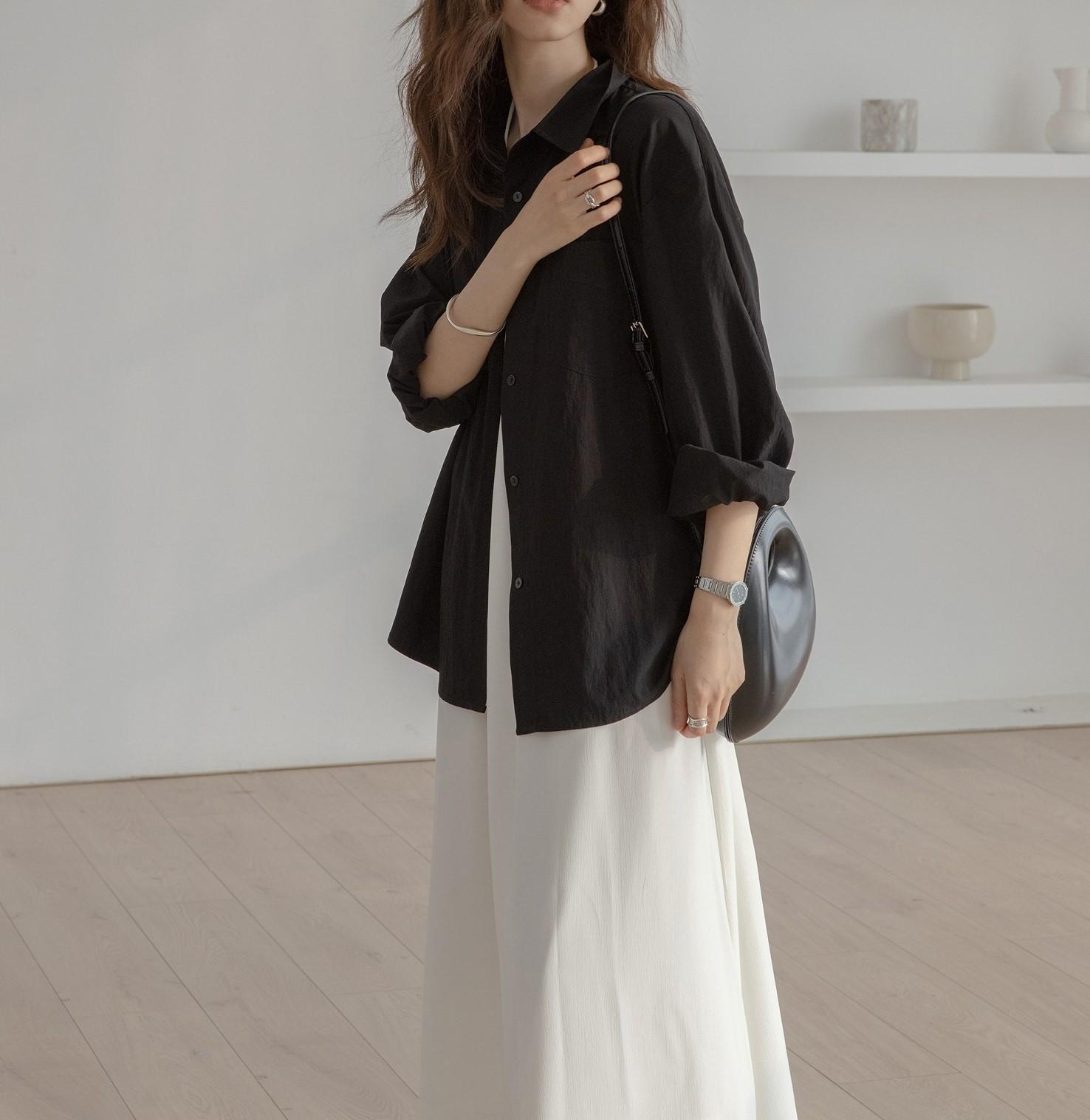 

Женская свободная плиссированная рубашка с длинным рукавом - Весенне-летний нишевый дизайн с лацканами, солнцезащитный топ Extra Large чёрный