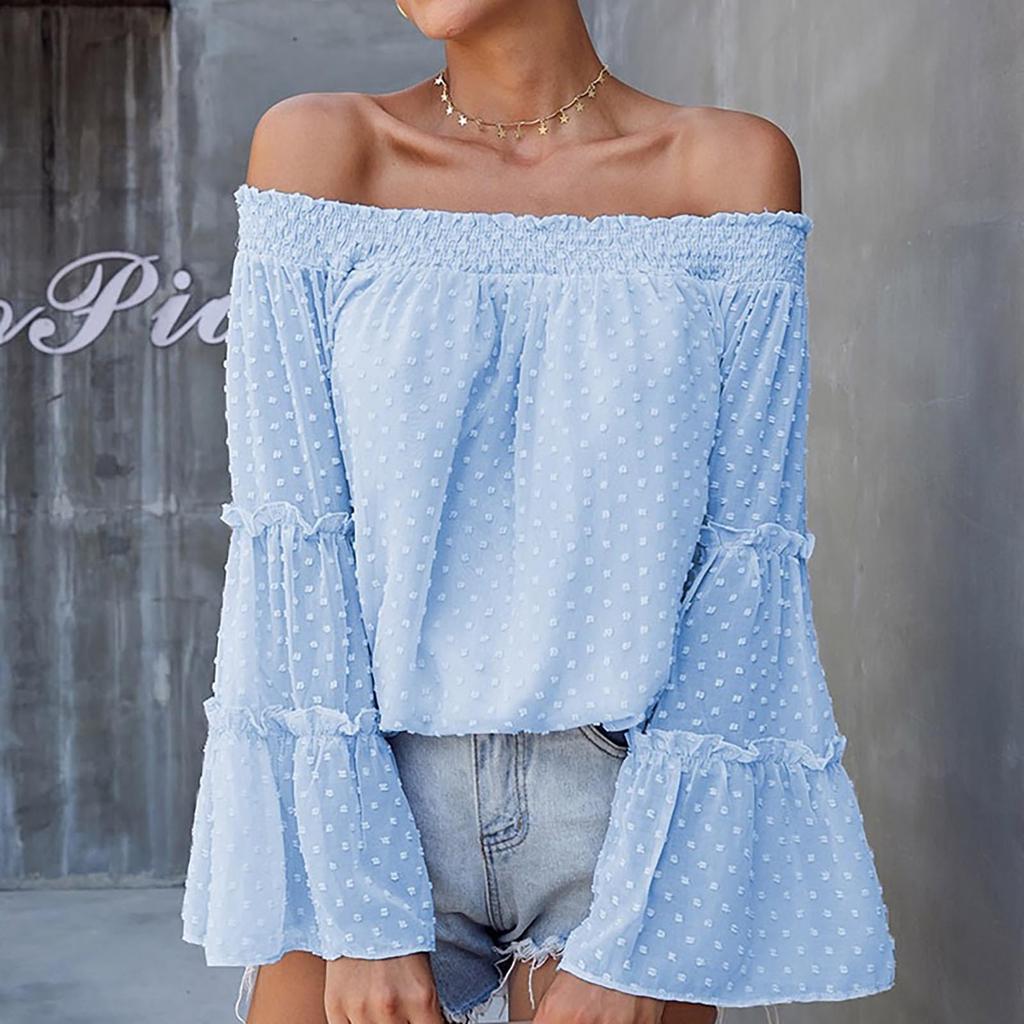 Fashion Flared Long-sleeved Chiffon Off-the-shoulder Neckline Hollow Loose Top