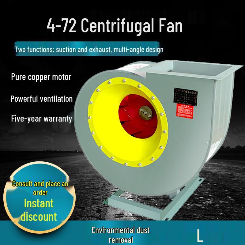 4-72 Industrial High-Power Centrifugal Fan for Exhaust, Dust Removal, and Smoke Extraction.