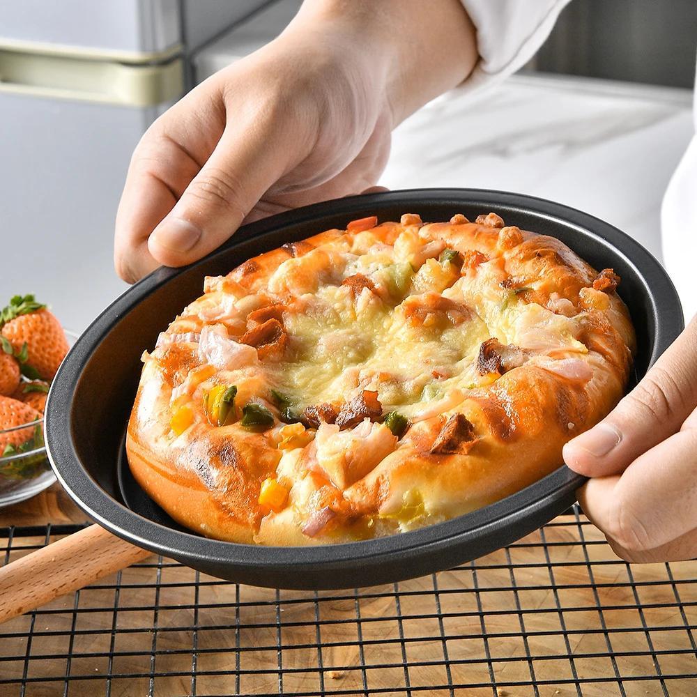 Kitchen Pizza Mould Pan Carbon Steel Ware Baking Pan Round Pizza Tray Round Baking Tray Heat-resistant for Home Pie Tins Black