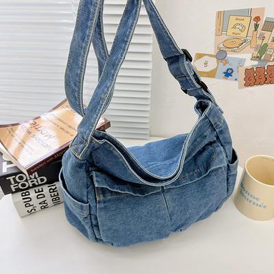 Women Denim Shoulder Bag Vintage Daily Tote Bag Large Casual Satchel Bag With Adjustable Strap Ladies Retro Crossbody Sling Bag