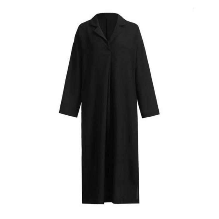 Women Autumn Spring Maxi Dress Pure Color V Neck Long Sleeves Pullover A-line Loose Hem Pleated with Side Pockets Casual Daily Wear