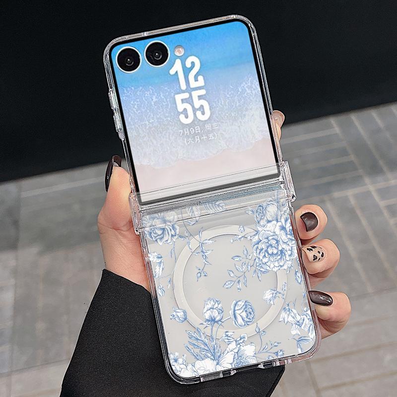 With Hinge Magnetic Phone Case For Samsung Z Flip 8 7 FE 6 5 4 White Flowers Print Hard Folding Phone Cover For Galaxy Z Flip8 Flip7 Flip6