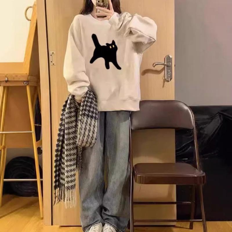 Spring Autumn Vintage Women's Loose Casual Cat Printing Sweatshirt Fashion Simple All-match Pullover Top Female