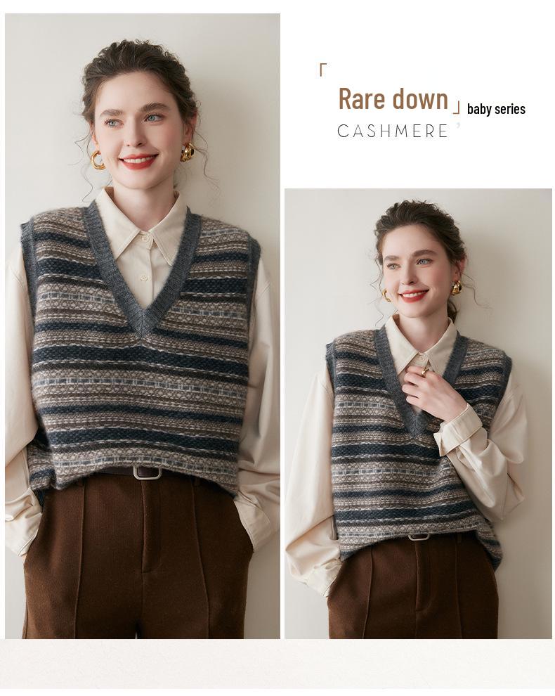 Women's Retro Color Block Cashmere Vest - 2025 Spring/Autumn V-Neck Sleeveless Knit Pullover