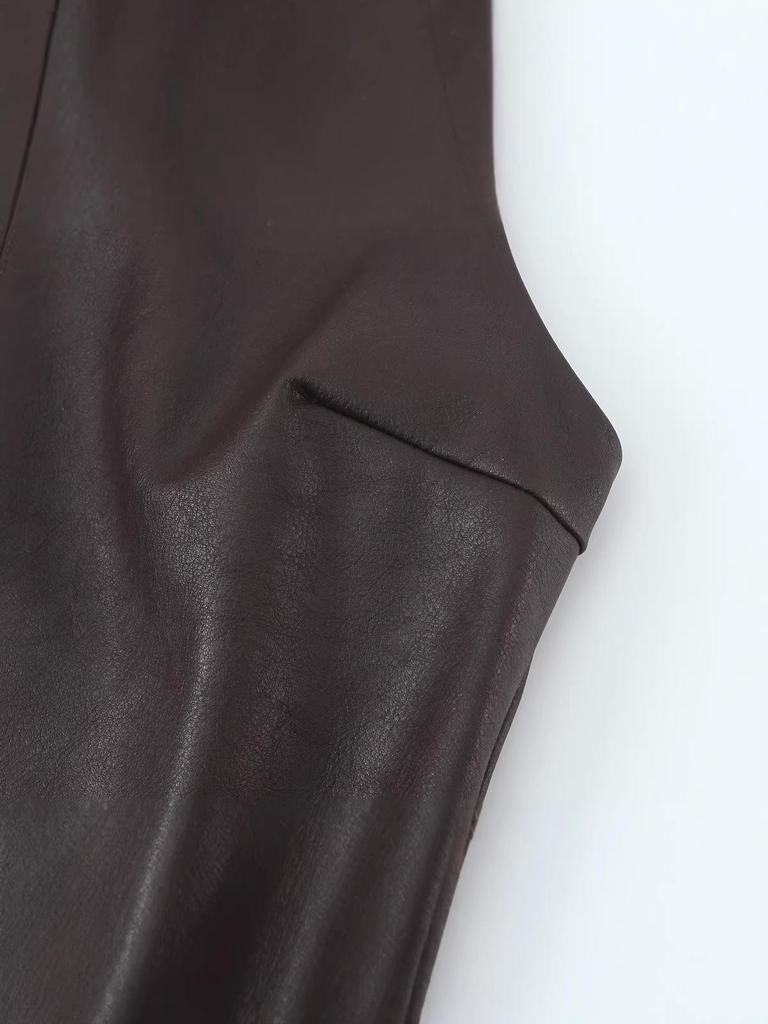 2025 Herbst/Winter Europäisches Damen-Leder-Ärmelloses Kleid mit Taillenraffung