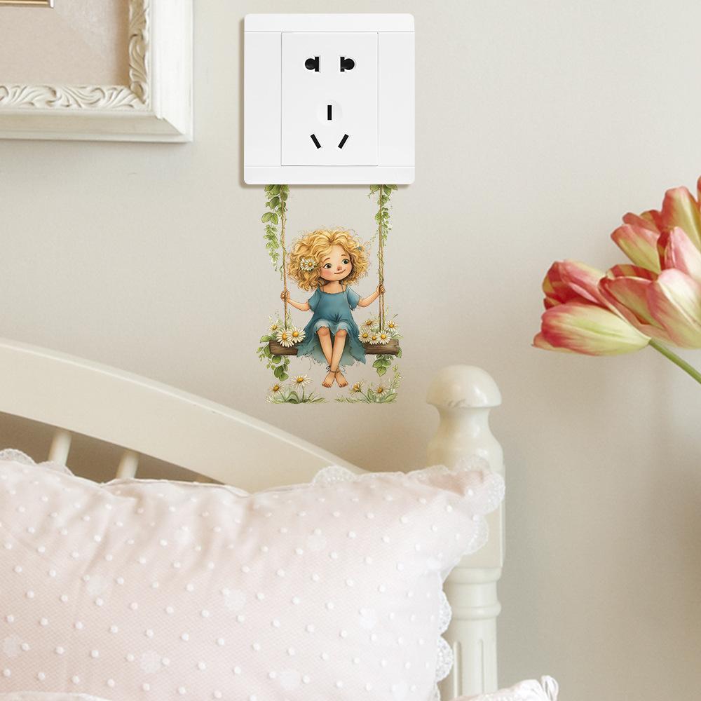 Cartoon Girl On Daisy Swing Switch Plate Cover Wall Sticker Cute Bedroom Living Room Decor Self-Adhesive Removable