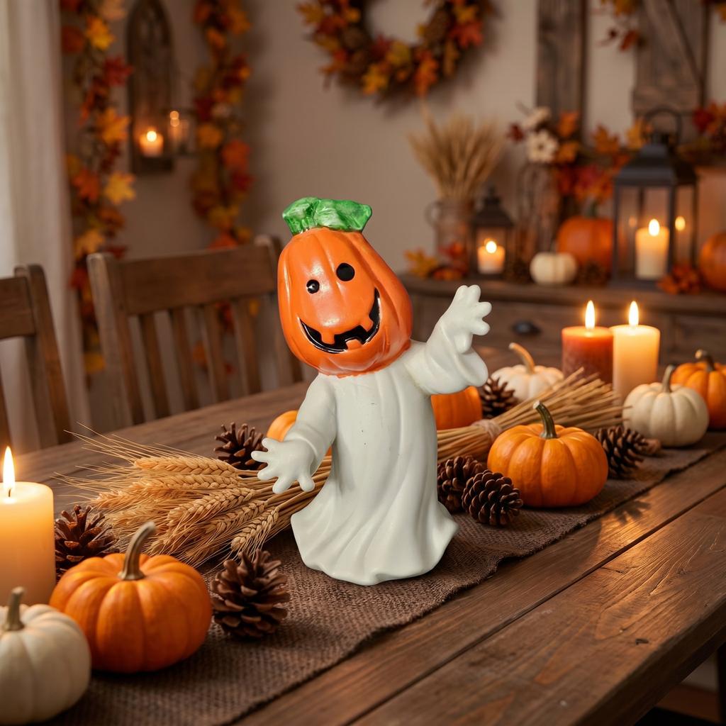 Halloween Pumpkin Head Ghost Figurine Ceramic Tabletop Decoration for Seasonal Home Display Indoor Use