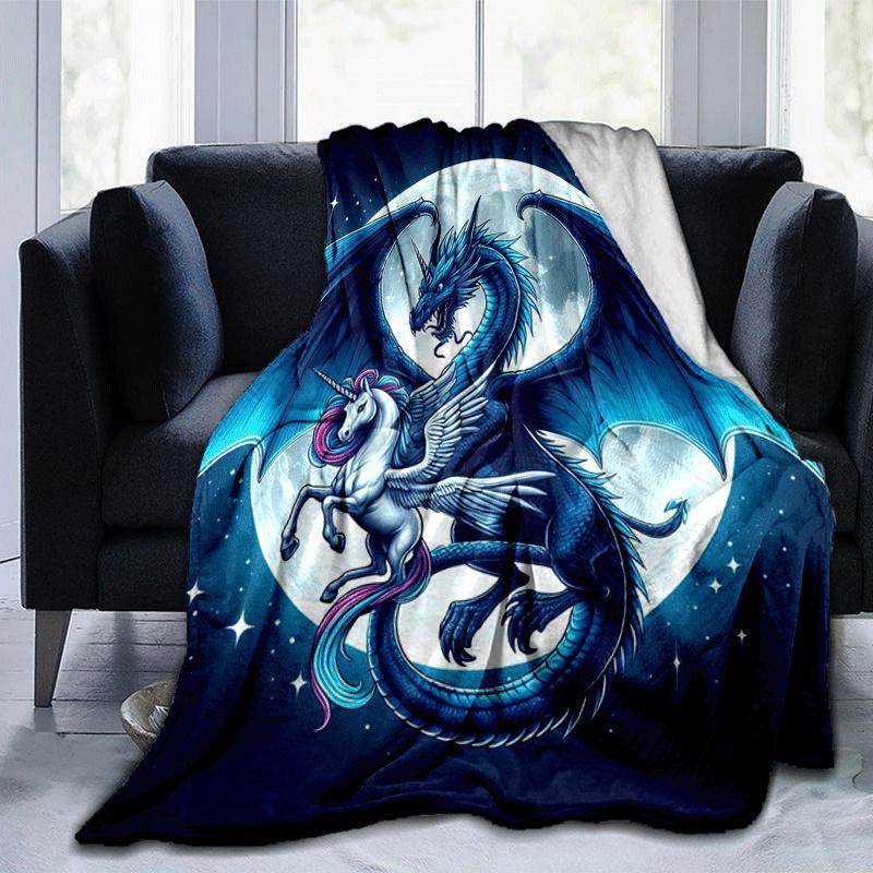 1pc Dragon Printing Lightweight Flannel Blanket, Comfortable and Warm Blanket, for Camping Sofa Bed and Couch Office, in All Seasons