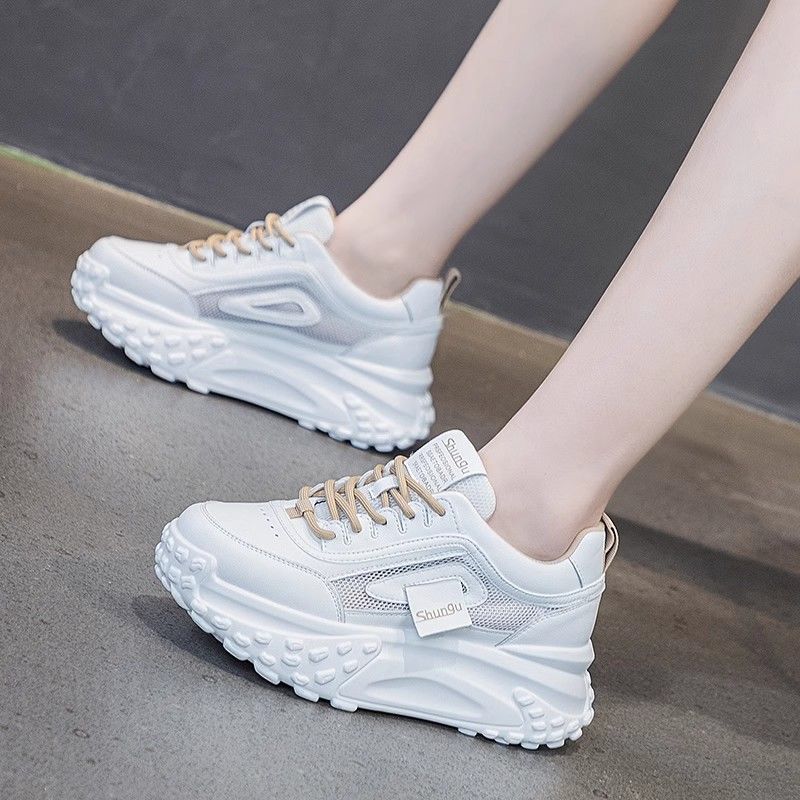 Soft leather thick-soled popular dad shoes women's height increased by 5cm spring and autumn mesh breathable sports casual white shoes