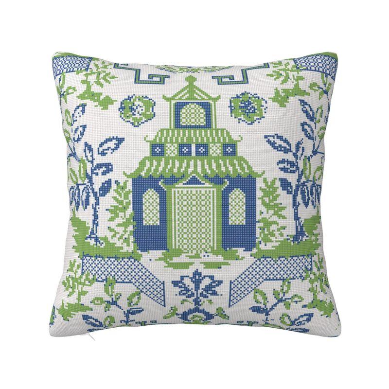 Lyxig Kinesisk Gingerburk Chippendale Kuddfodral för Soffa Mjuk Vintgae Delftblå Porslin Kuddvar Dekoration